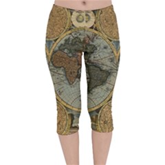 Vintage World Map Velvet Capri Leggings  by Sudheng