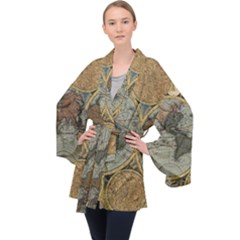 Vintage World Map Long Sleeve Velvet Kimono  by Sudheng