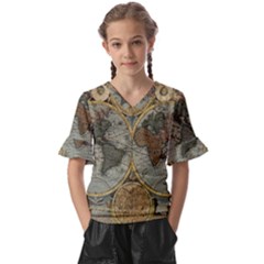 Vintage World Map Kids  V-neck Horn Sleeve Blouse by Sudheng