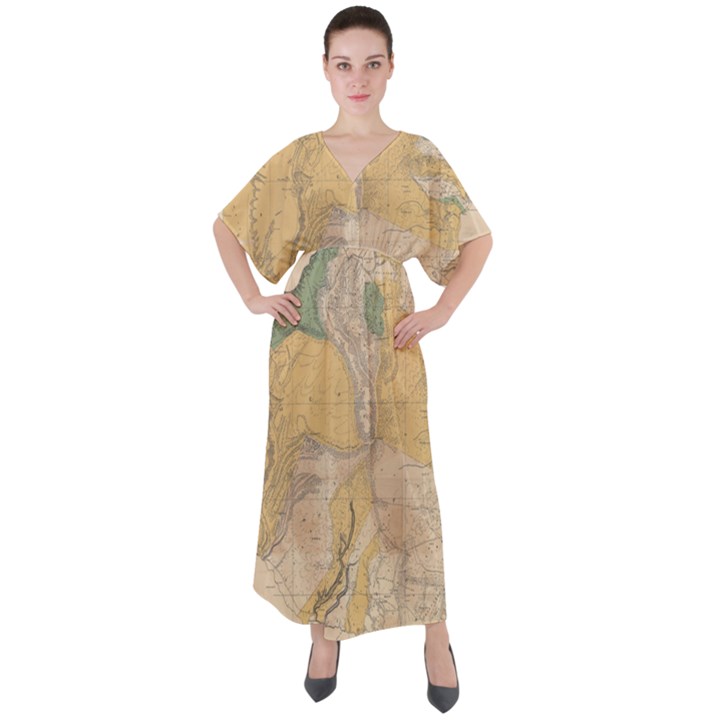 Vintage World Map Physical Geography V-Neck Boho Style Maxi Dress