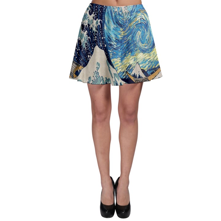 The Great Wave Of Kanagawa Painting Starry Night Van Gogh Skater Skirt