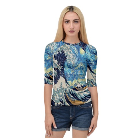 The Great Wave Of Kanagawa Painting Starry Night Van Gogh Quarter Sleeve Raglan Tee by Sudheng