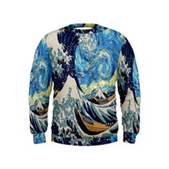 The Great Wave Of Kanagawa Painting Starry Night Van Gogh Kids  Sweatshirt by Sudheng