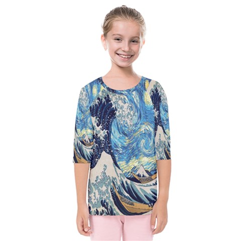 The Great Wave Of Kanagawa Painting Starry Night Van Gogh Kids  Quarter Sleeve Raglan Tee by Sudheng