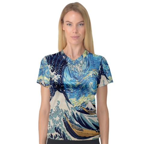 The Great Wave Of Kanagawa Painting Starry Night Van Gogh V-neck Sport Mesh Tee by Sudheng