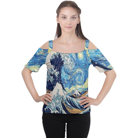 The Great Wave Of Kanagawa Painting Starry Night Van Gogh Cutout Shoulder Tee by Sudheng