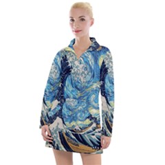 The Great Wave Of Kanagawa Painting Starry Night Van Gogh Women s Long Sleeve Casual Dress by Sudheng