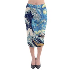 The Great Wave Of Kanagawa Painting Starry Night Van Gogh Midi Pencil Skirt by Sudheng