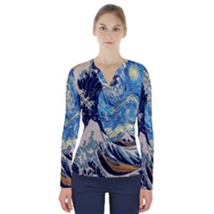 The Great Wave Of Kanagawa Painting Starry Night Van Gogh V-neck Long Sleeve Top by Sudheng