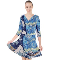 The Great Wave Of Kanagawa Painting Starry Night Van Gogh Quarter Sleeve Front Wrap Dress by Sudheng