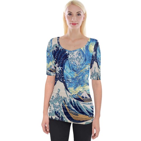 The Great Wave Of Kanagawa Painting Starry Night Van Gogh Wide Neckline Tee by Sudheng