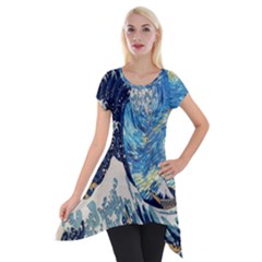 The Great Wave Of Kanagawa Painting Starry Night Van Gogh Short Sleeve Side Drop Tunic by Sudheng