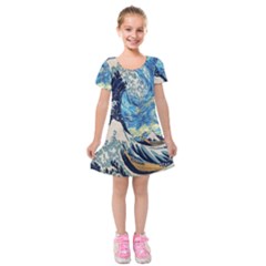 The Great Wave Of Kanagawa Painting Starry Night Van Gogh Kids  Short Sleeve Velvet Dress