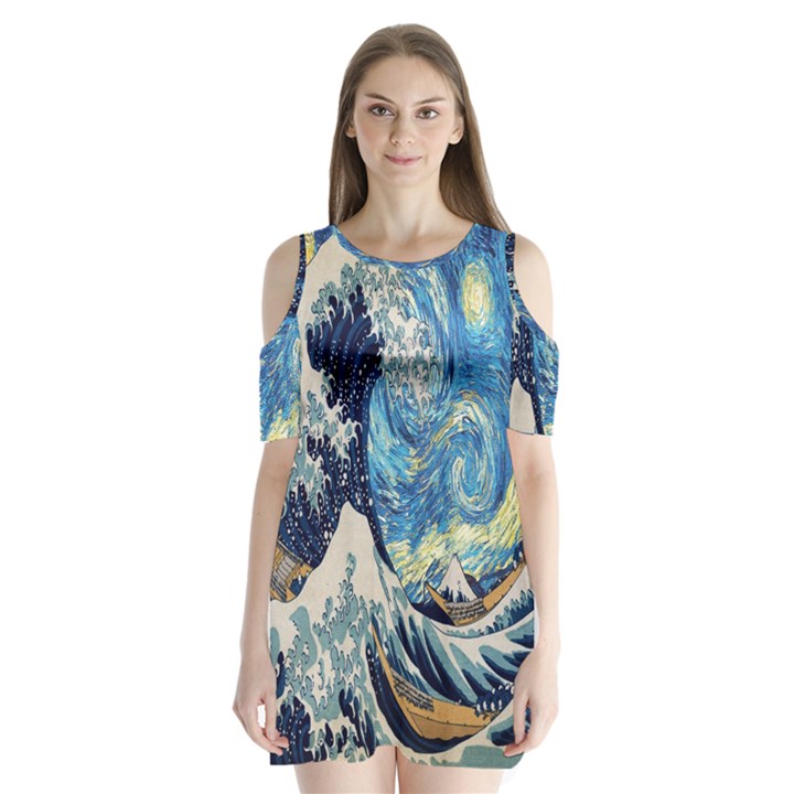 The Great Wave Of Kanagawa Painting Starry Night Van Gogh Shoulder Cutout Velvet One Piece