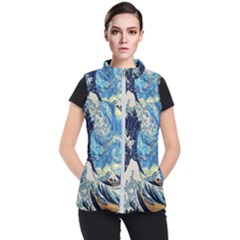 The Great Wave Of Kanagawa Painting Starry Night Van Gogh Women s Puffer Vest