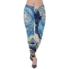 The Great Wave Of Kanagawa Painting Starry Night Van Gogh Velvet Leggings by Sudheng