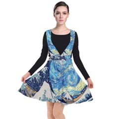 The Great Wave Of Kanagawa Painting Starry Night Van Gogh Plunge Pinafore Dress by Sudheng