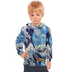 The Great Wave Of Kanagawa Painting Starry Night Van Gogh Kids  Hooded Pullover by Sudheng