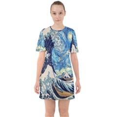 The Great Wave Of Kanagawa Painting Starry Night Van Gogh Sixties Short Sleeve Mini Dress by Sudheng