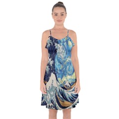 The Great Wave Of Kanagawa Painting Starry Night Van Gogh Ruffle Detail Chiffon Dress by Sudheng