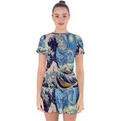 The Great Wave Of Kanagawa Painting Starry Night Van Gogh Drop Hem Mini Chiffon Dress