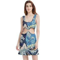 The Great Wave Of Kanagawa Painting Starry Night Van Gogh Velour Cutout Dress