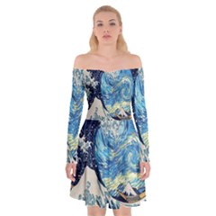 The Great Wave Of Kanagawa Painting Starry Night Van Gogh Off Shoulder Skater Dress by Sudheng