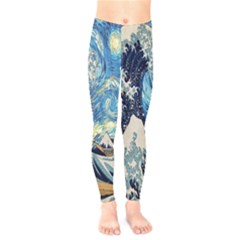 The Great Wave Of Kanagawa Painting Starry Night Van Gogh Kids  Leggings by Sudheng