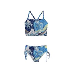 The Great Wave Of Kanagawa Painting Starry Night Van Gogh Girls  Tankini Swimsuit