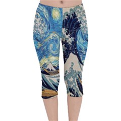 The Great Wave Of Kanagawa Painting Starry Night Van Gogh Velvet Capri Leggings 