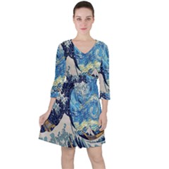 The Great Wave Of Kanagawa Painting Starry Night Van Gogh Quarter Sleeve Ruffle Waist Dress by Sudheng