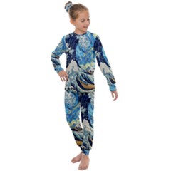 The Great Wave Of Kanagawa Painting Starry Night Van Gogh Kids  Long Sleeve Set 