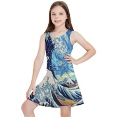 The Great Wave Of Kanagawa Painting Starry Night Van Gogh Kids  Lightweight Sleeveless Dress by Sudheng