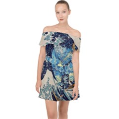 The Great Wave Of Kanagawa Painting Starry Night Van Gogh Off Shoulder Chiffon Dress by Sudheng