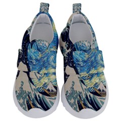 The Great Wave Of Kanagawa Painting Starry Night Van Gogh Kids  Velcro No Lace Shoes by Sudheng