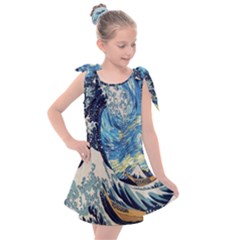 The Great Wave Of Kanagawa Painting Starry Night Van Gogh Kids  Tie Up Tunic Dress by Sudheng