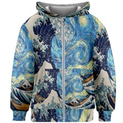 The Great Wave Of Kanagawa Painting Starry Night Van Gogh Kids  Zipper Hoodie Without Drawstring by Sudheng