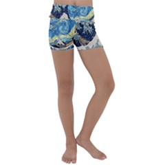 The Great Wave Of Kanagawa Painting Starry Night Van Gogh Kids  Lightweight Velour Yoga Shorts by Sudheng