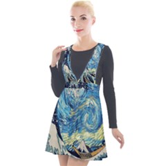 The Great Wave Of Kanagawa Painting Starry Night Van Gogh Plunge Pinafore Velour Dress by Sudheng