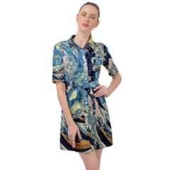 The Great Wave Of Kanagawa Painting Starry Night Van Gogh Belted Shirt Dress by Sudheng