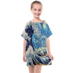 The Great Wave Of Kanagawa Painting Starry Night Van Gogh Kids  One Piece Chiffon Dress