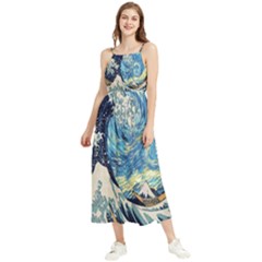 The Great Wave Of Kanagawa Painting Starry Night Van Gogh Boho Sleeveless Summer Dress