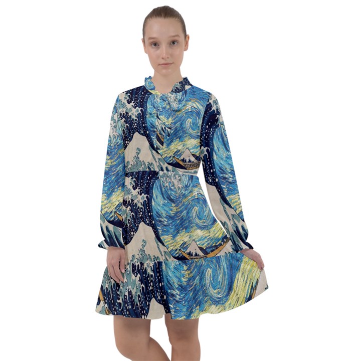 The Great Wave Of Kanagawa Painting Starry Night Van Gogh All Frills Chiffon Dress