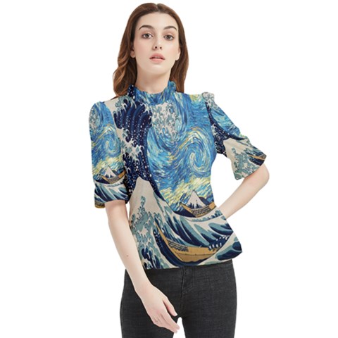 The Great Wave Of Kanagawa Painting Starry Night Van Gogh Frill Neck Blouse by Sudheng