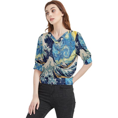 The Great Wave Of Kanagawa Painting Starry Night Van Gogh Quarter Sleeve Blouse by Sudheng