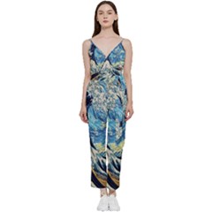 The Great Wave Of Kanagawa Painting Starry Night Van Gogh V-neck Spaghetti Strap Tie Front Jumpsuit by Sudheng