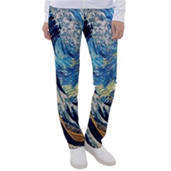 The Great Wave Of Kanagawa Painting Starry Night Van Gogh Women s Casual Pants by Sudheng