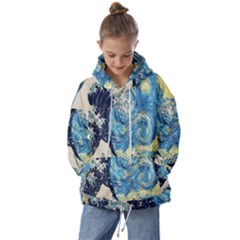 The Great Wave Of Kanagawa Painting Starry Night Van Gogh Kids  Oversized Hoodie by Sudheng