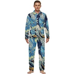 The Great Wave Of Kanagawa Painting Starry Night Van Gogh Men s Long Sleeve Velvet Pocket Pajamas Set by Sudheng