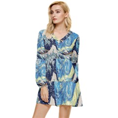 The Great Wave Of Kanagawa Painting Starry Night Van Gogh Tiered Long Sleeve Mini Dress by Sudheng